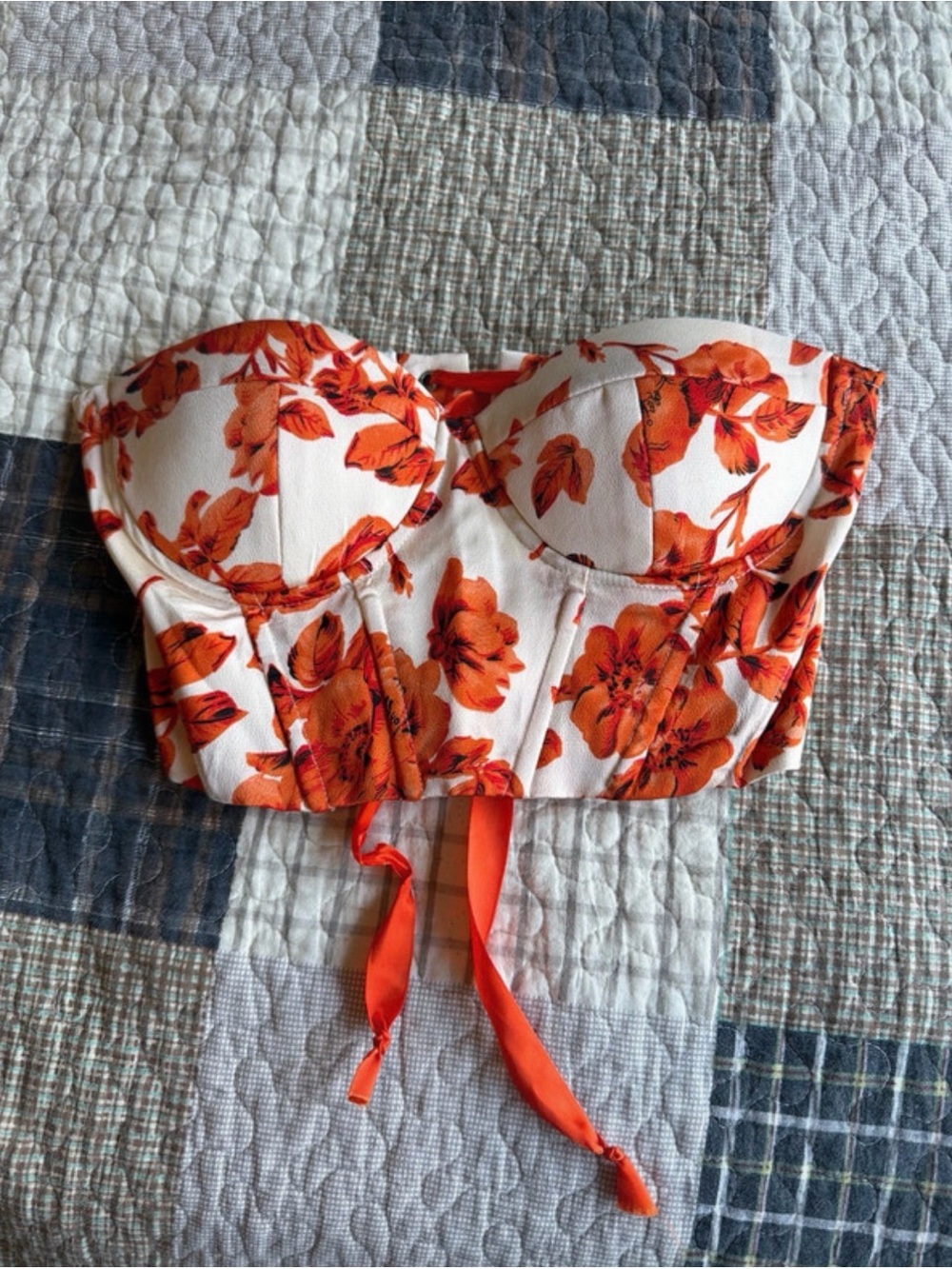 Strapless Floral Bustier Crop Top in Cream and Orange